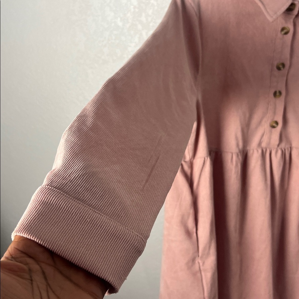 Available Pink Dress Corduroy Half Button Collared Long Sleeve Mini Sz L TC0363 - Picture 6 of 9